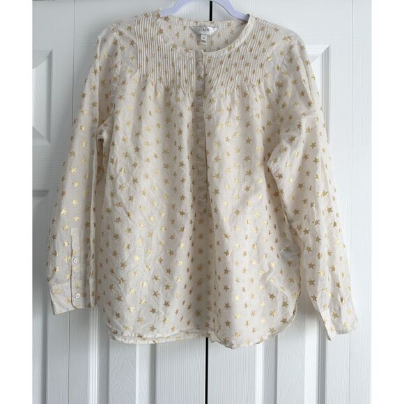 J Crew Blouse Women's Size 12 Metallic Gold Star Silk Cotton Blend - Picture 1 of 11